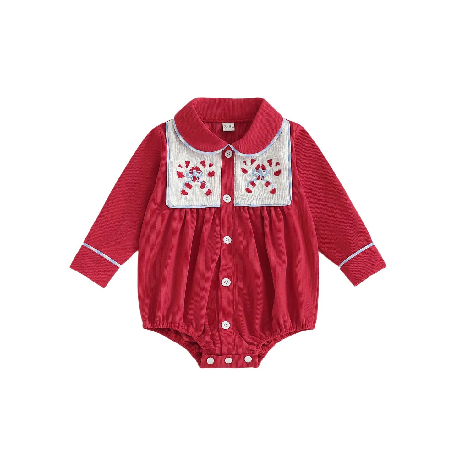 Christmas Baby Romper with Santa and Candy Cane Embroidery Long Sleeve Design Doll Collar and Button Down Closure for a