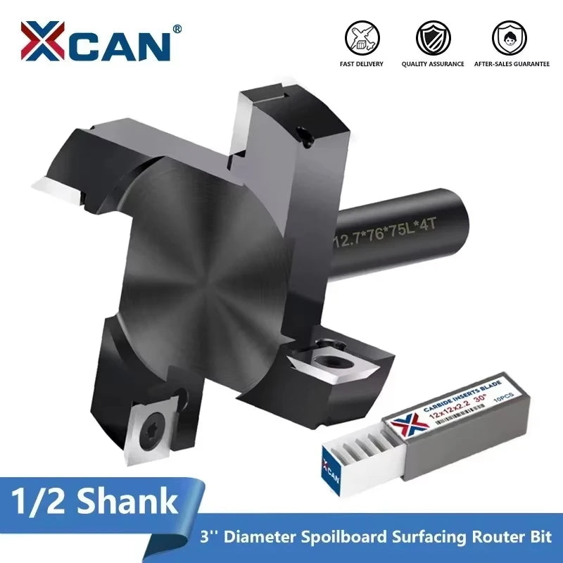 XCAN CNC Spoilboard Surfacing Router Bit 1/2'' Shank  Slab Flattening 3" Cutting Dia. 4-Flutes Wood Planer Bit  Insert Carbide