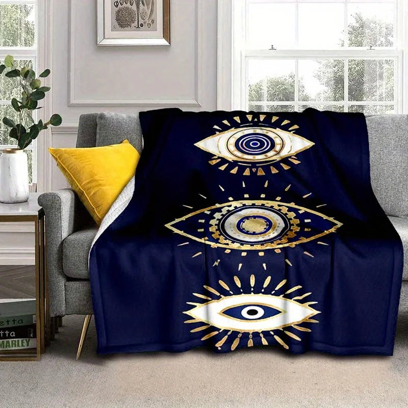 [Soft Polyester Flannel Blanket] Soft Polyester Flannel Evil Eyes Geometric Pattern Blanket - Machine Washable,