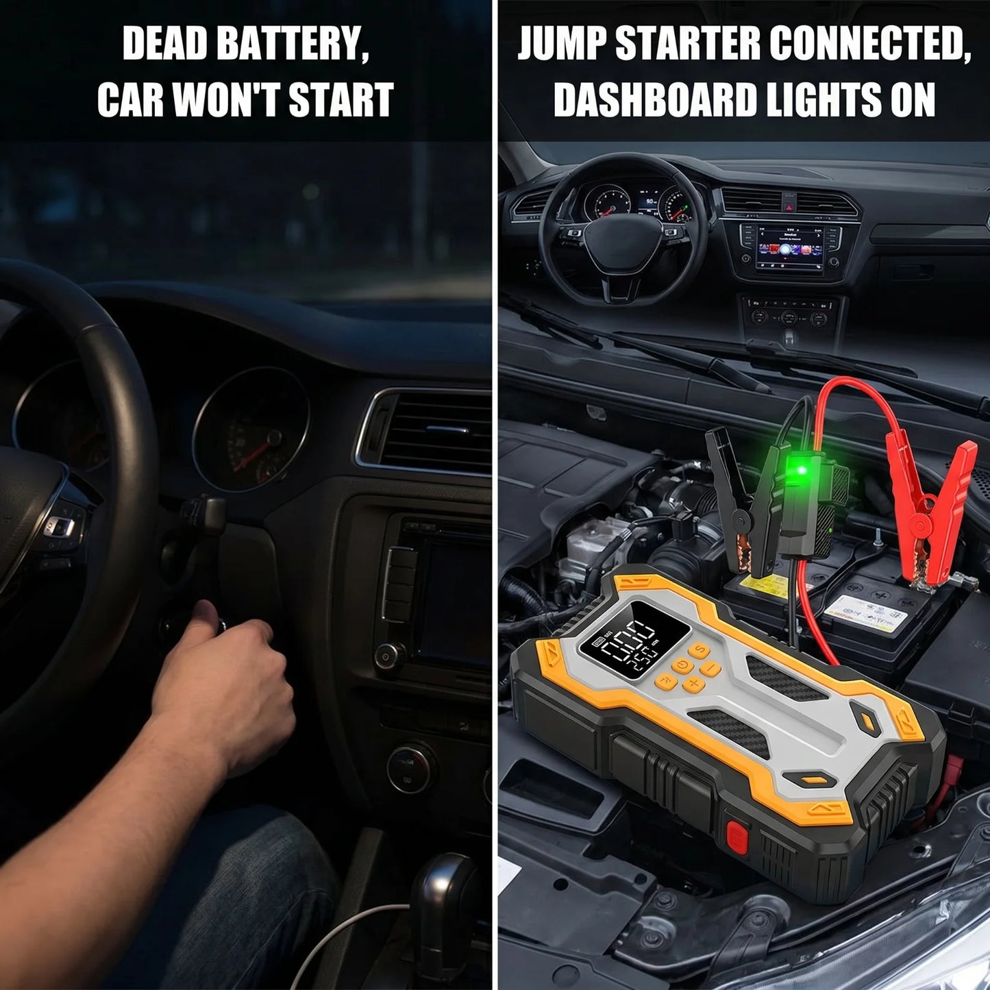 Portable Car Jump Starter with Digital Tire Inflator | 12V Battery Booster Pack | Air Compressor | LED Flashlight | USB Power Bank