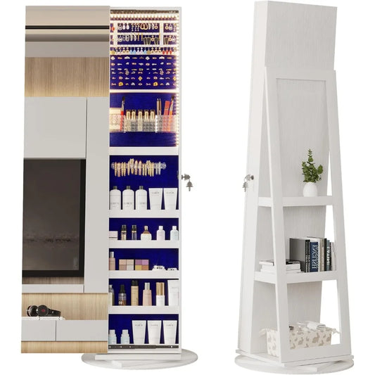360° Swivel Jewelry Mirror Cabinet with Lights, Standing Jewelry Armoire Organizer, 63 Rotatable Full-Length Mirror