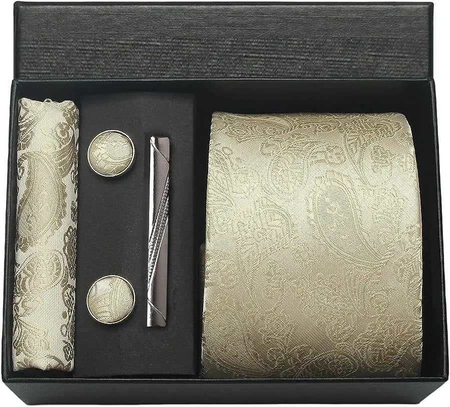 Luxury 100% Silk Paisley Floral Men’s Necktie Set | Business Tie with Matching Pocket Square & Formal Accessories