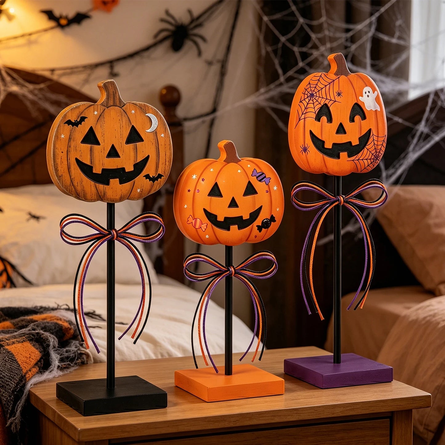3-Piece Halloween Jack-O’-Lantern Tabletop Décor Set. Rustic Pumpkin Metal Stand Decorations for Fall & Halloween Home Déco