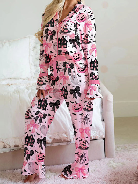 Women s Halloween Pajamas Set with Spooky Print Button Down Lapel V Neck Long Sleeve Tops and Matching Pants for Cozy Lounge