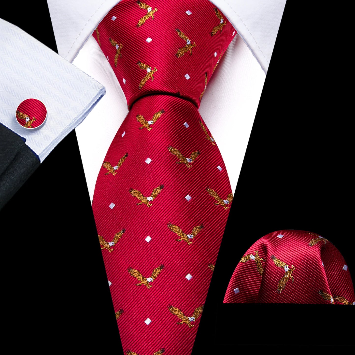 Men’s Luxury Dinosaur Necktie Set . Navy Blue Silk Tie, Pocket Square & Cufflinks for Business, Weddings & Special Events
