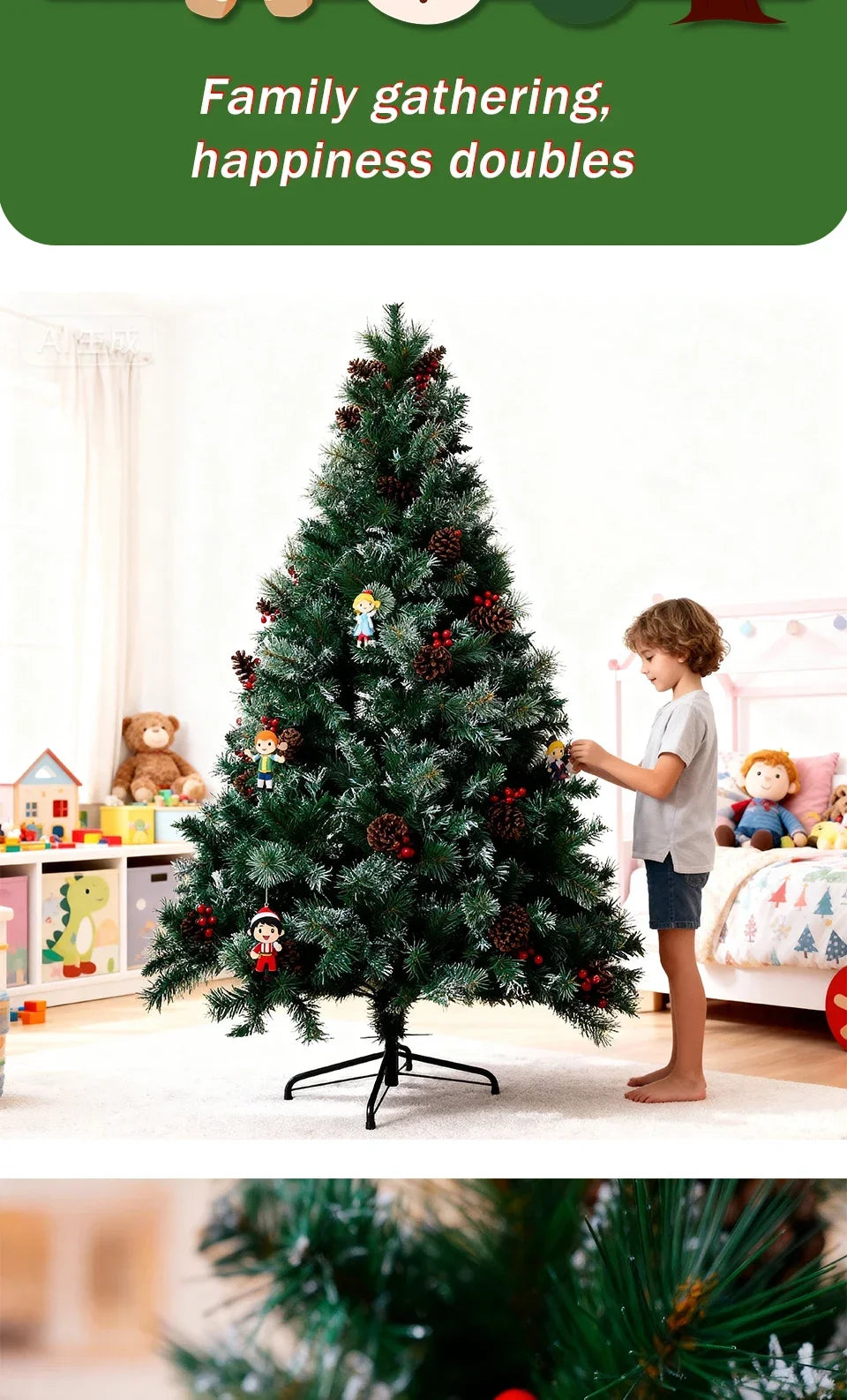7FT Full Artificial Christmas Tree with 1,150 Tips, Pine Cones & Berries . Premium Holiday Tree with Natural Rustic Charm