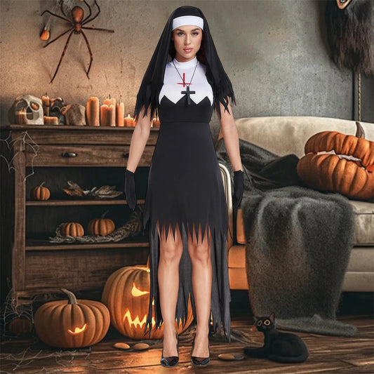 Women Halloween Witch Costume Lace Sleeve Long Dress Hat Gloves Necklace Sorceress Cosplay Outfits