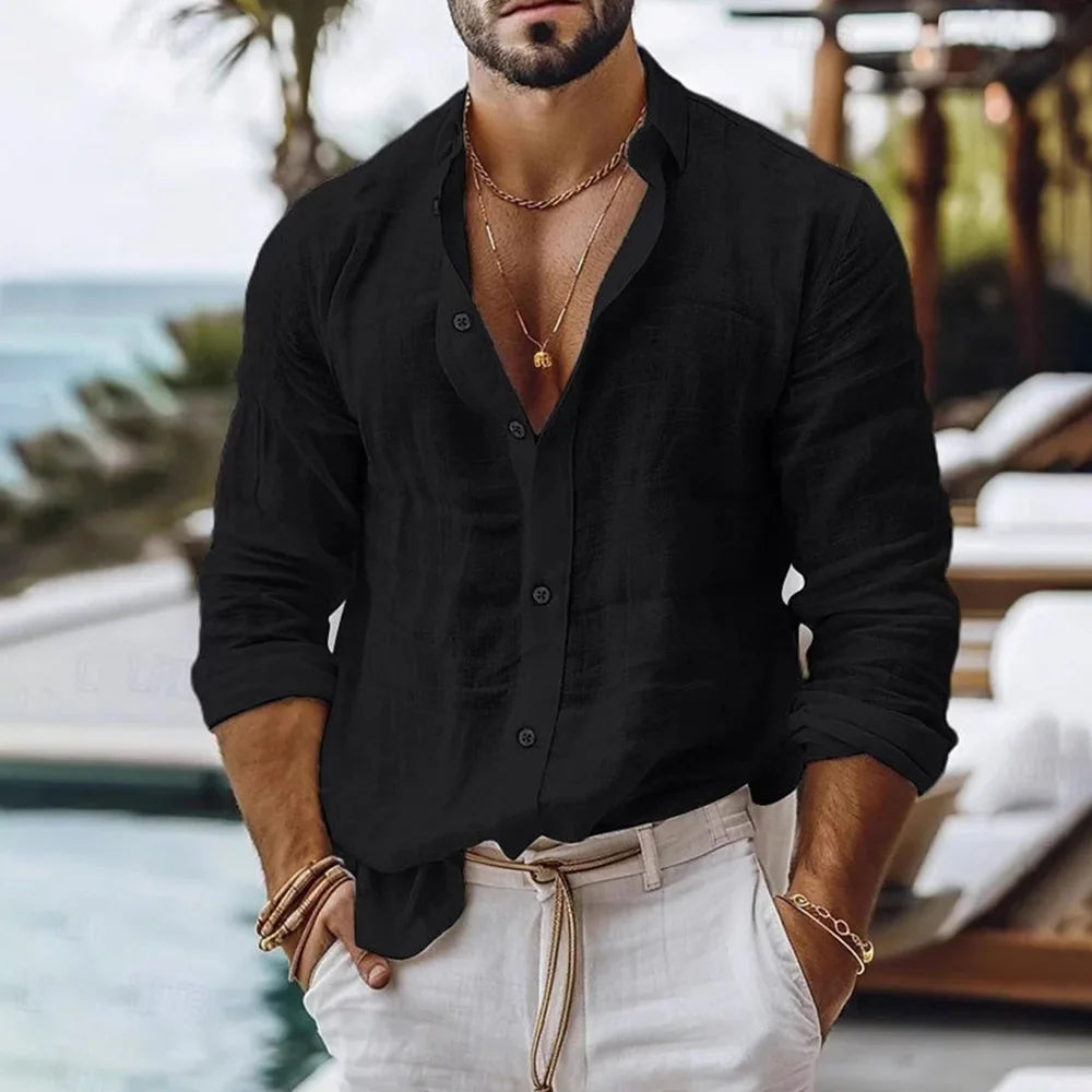 Men’s Cotton Linen Beach Shirt .Casual Summer Long Sleeve Button Down