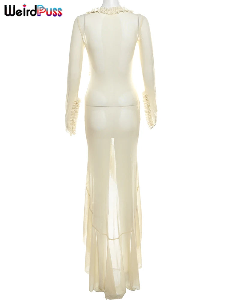 Women’s Elegant V Neck Cutout Maxi Dress | Long Sleeve Bodycon Evening Gown