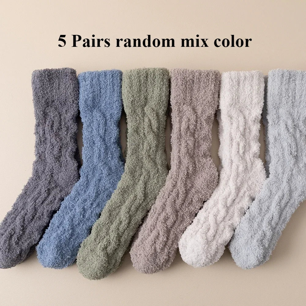 5 Pairs Thick Warm Winter Socks Men Coral Fleece Thermal High Quality Middle Tube Cozy Fluffy Sleeping Socks