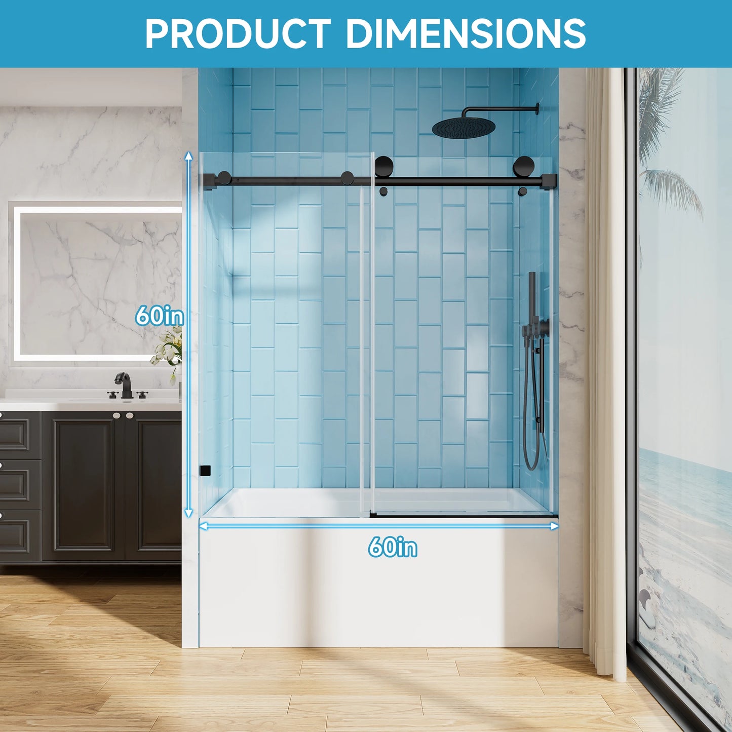 56-60"x60" H Bathtub Shower Door, Single Sliding Shower Door, 5/16" (8mm) Tempered Glass Bathroom Glass Sliding Door