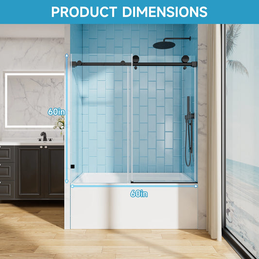 56-60"x60" H Bathtub Shower Door, Single Sliding Shower Door, 5/16" (8mm) Tempered Glass Bathroom Glass Sliding Door