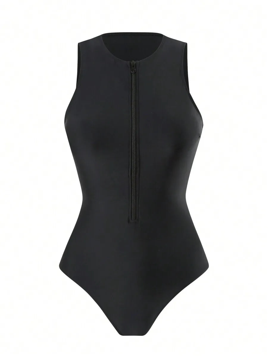 Women’s Black Zip Front One-Piece Swimsuit | Athletic Slimming Bathing Suit for Beach & Pool