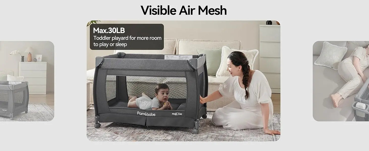 Magic Fold Playpen Portable Cribs Foldable Playpen Baby Playard One-Hand Folding Playards Diaper Changer and Storage S