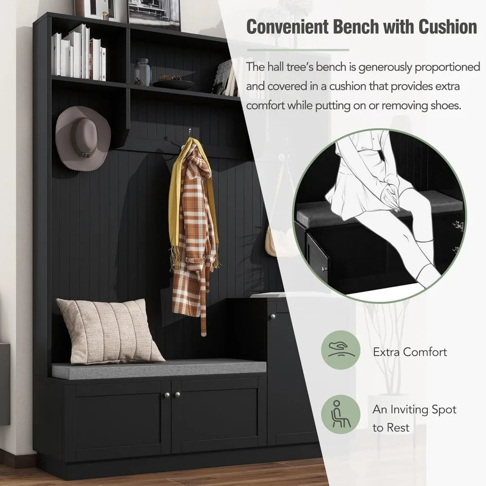 Hall Tree with Soft Cushion Storage Bench,Functional Hallway Shoe Cabinet with 3 Shelves and Coat Rack w/3 Hooks for Entryways,