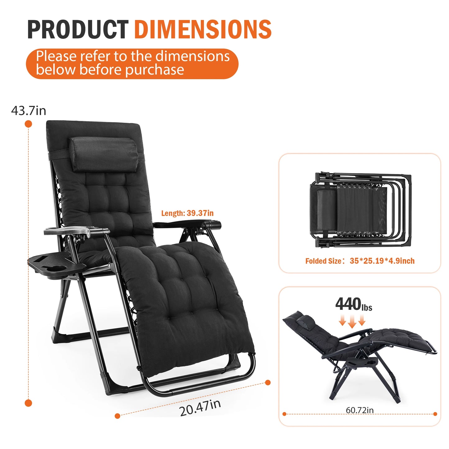 JHK Zero Gravity Reclining Lounge Chair – Foldable Outdoor Camping Chair with Soft Cushion & Adjustable Recline
