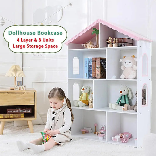 Wooden Dollhouse Bookshelf 4-Tier Children's Bookcase Display Storage Doll House Organizer Furniture for Kids Bedroom Playroom N