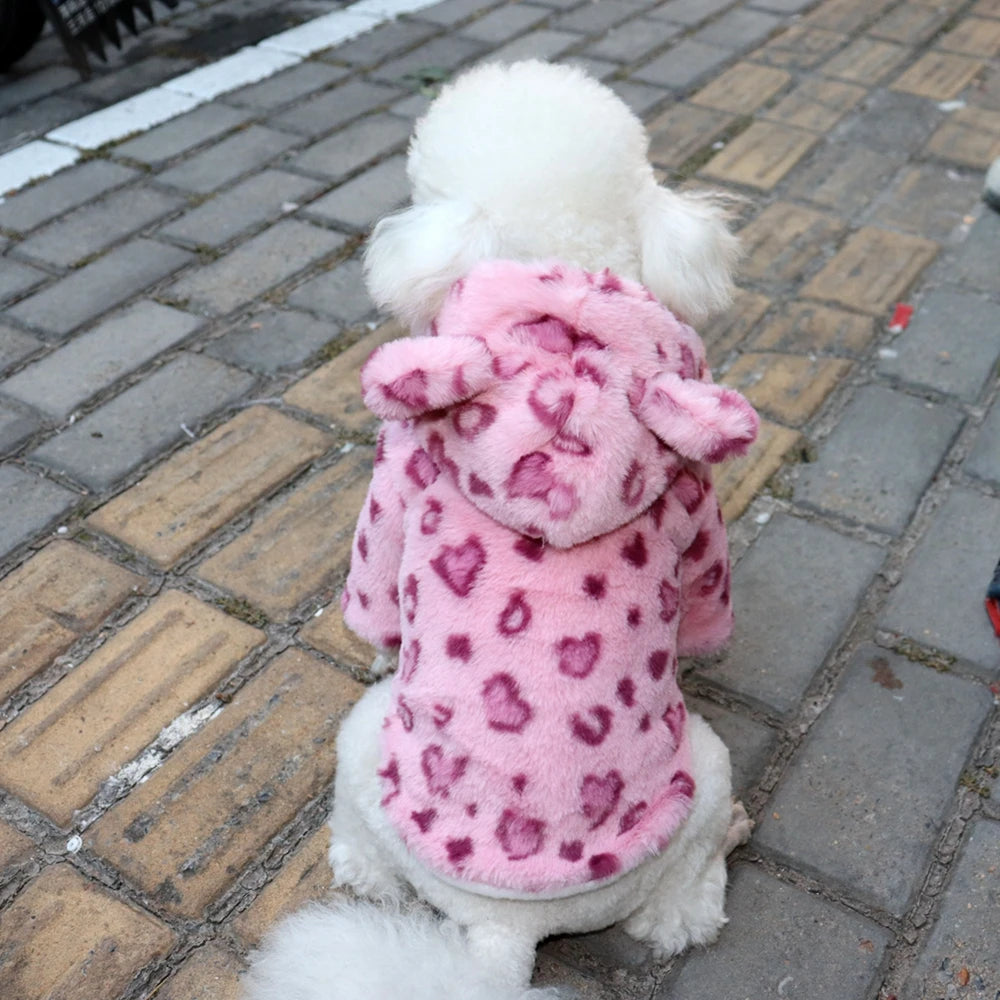 Luxury Leopard Print Fleece Dog Hoodie .Warm Winter Pet Jacket