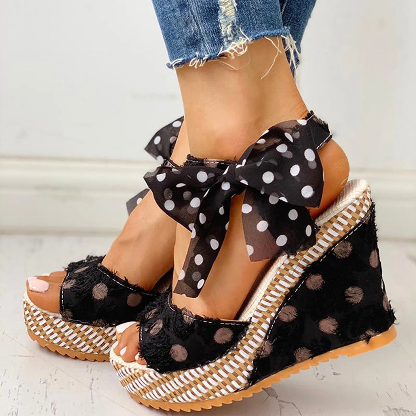 2025 Women Sandals Lace Casual Boknot Soft Wedges Heeled Women Sandals Summer Sandals Party Platform High Heels Shoes Woman