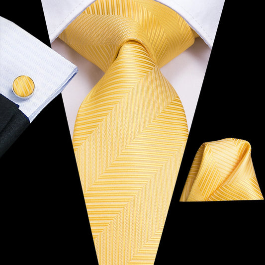 Yellow Stripes Men's Tie Handkerchief Cufflinks Set Necktie for Men Male Wedding Business Ties Formal Dad Husband Gift