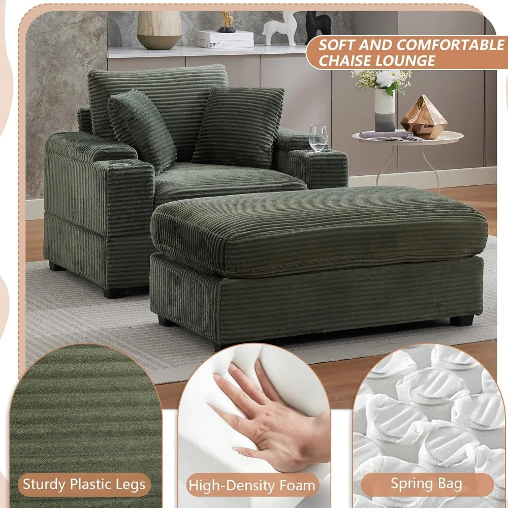 50" Oversized Chaise Lounge Chair Indoor with Ottoman and Storage, Deep Seat Upholstered reading Chair, Comfy Corduroy Sleeper C