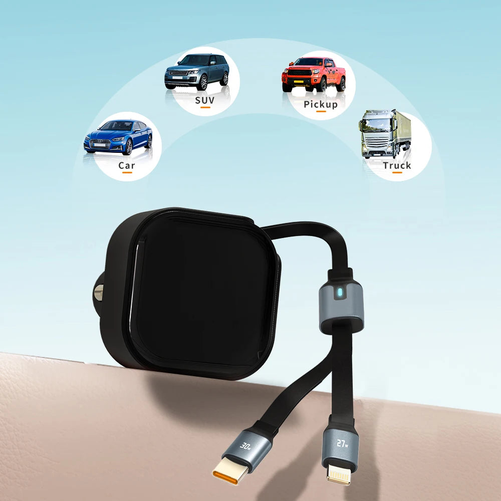 New Retractable Line Mobile Phone Car Charger Cigarette End Port Car Charging Point Super Fast Charging Xiaomi Huawei Apple 15