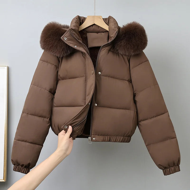 Women's Short Hooded Puffer Jacket. Cotton-Padded Winter Parka with Faux Fur Trim