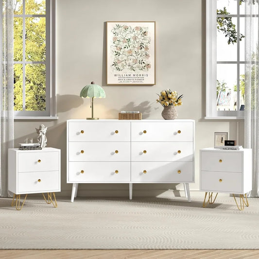 6 Drawer Dresser and Nightstand Sets for Bedroom, 3 Pcs Bedroom Set, Night Stand Set of 2 & 6 Drawer Dresser with Golden Handles