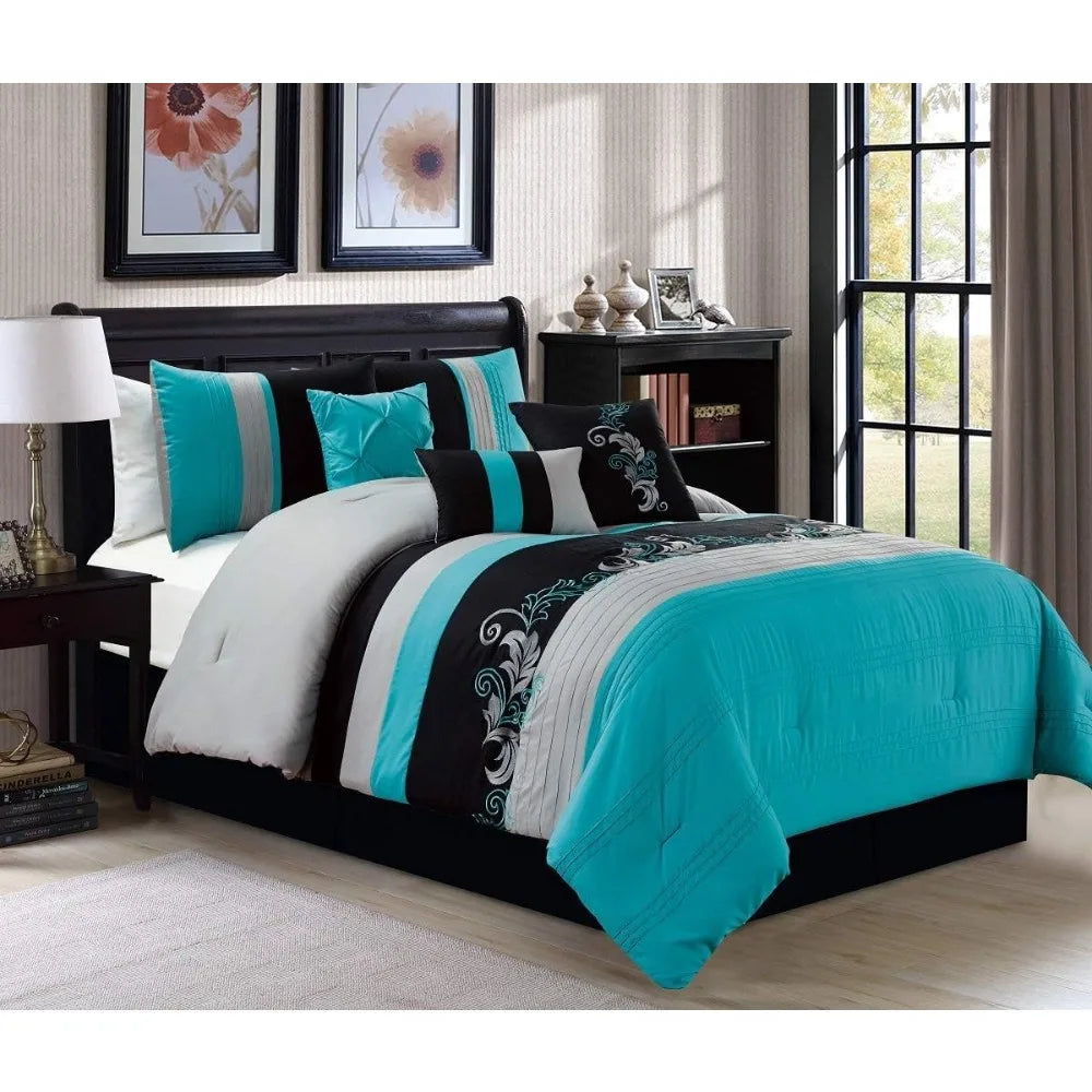 Collection Napa 7-Piece Luxury Leaves Scroll Embroidery Bedding Comforter Set (Queen, Teal Blue/Gray/Black)