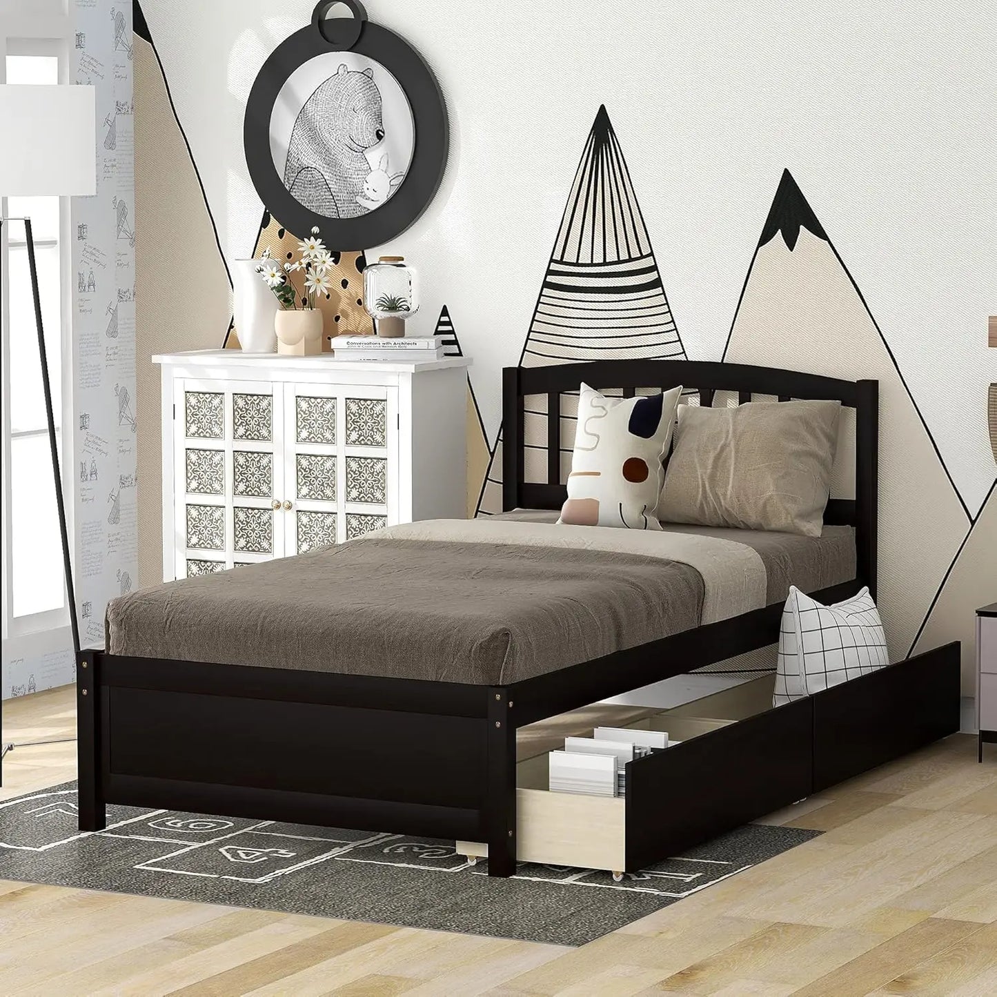 Storage Bed with Bookcase Headboard Platform Bed with Trundle and 2 Storage Drawers Solid Wood Bed Frame with Cabinet and Shelf