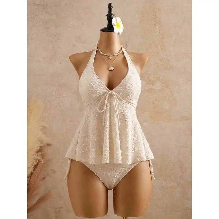 Women’s Halter Neck Swim Dress | Lace Texture One-Piece Swimsuit with Tummy Control