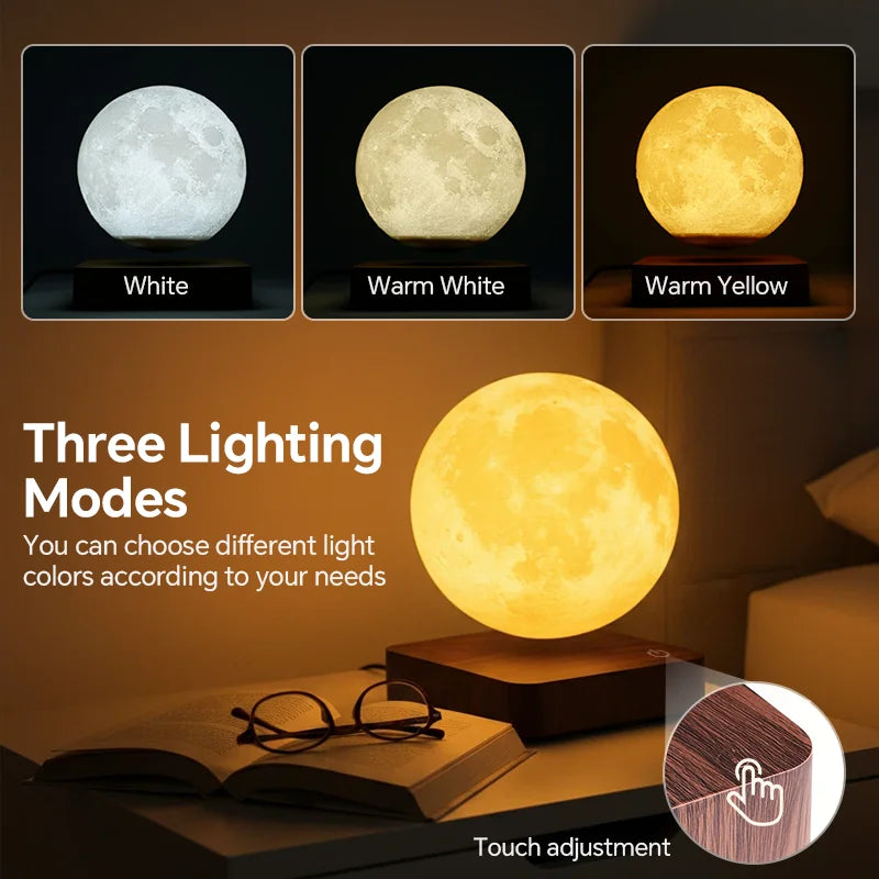 Magnetic Floating Rotating Moon Lamp  Levitating LED Night Light with Wooden Base & 3 Lighting Modes