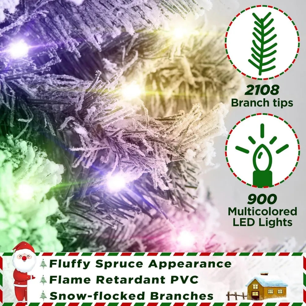 Spruce Artificial Christmas Tree Pre-lit 9ft Snow Hinges Tree with 900 Multicolor LED Lights & 2108 Branch Tips & Metal Stand