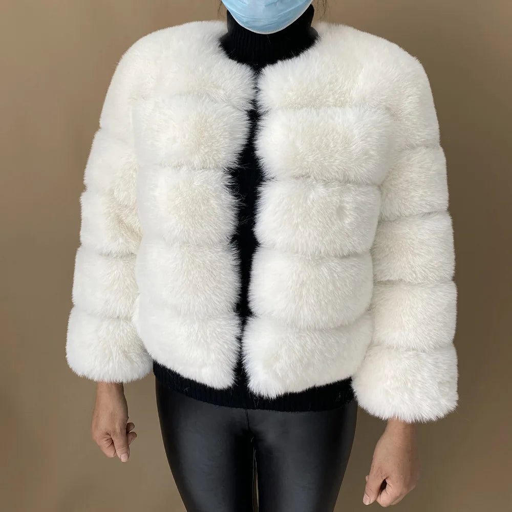 Women's Faux Fur Jacket . Plush Cropped Winter Coat with High Collar