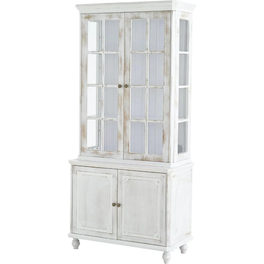 "77.5" Vintage Display Cabinet - Double Glass Door Hutch, Traditional China Cabinet for Living Room"