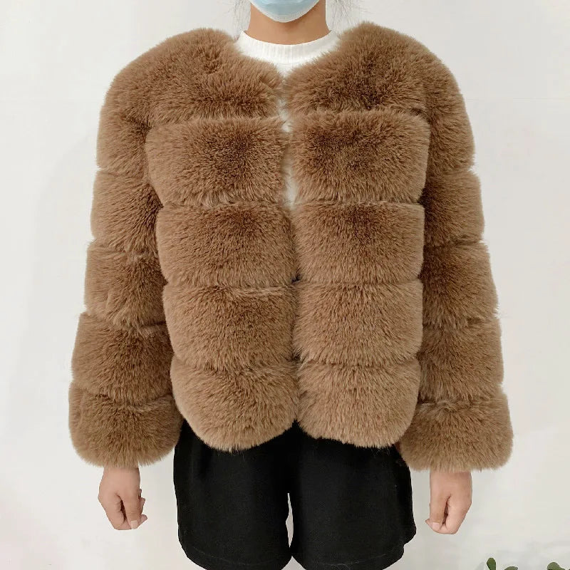 Women's Faux Fur Jacket . Plush Cropped Winter Coat with High Collar