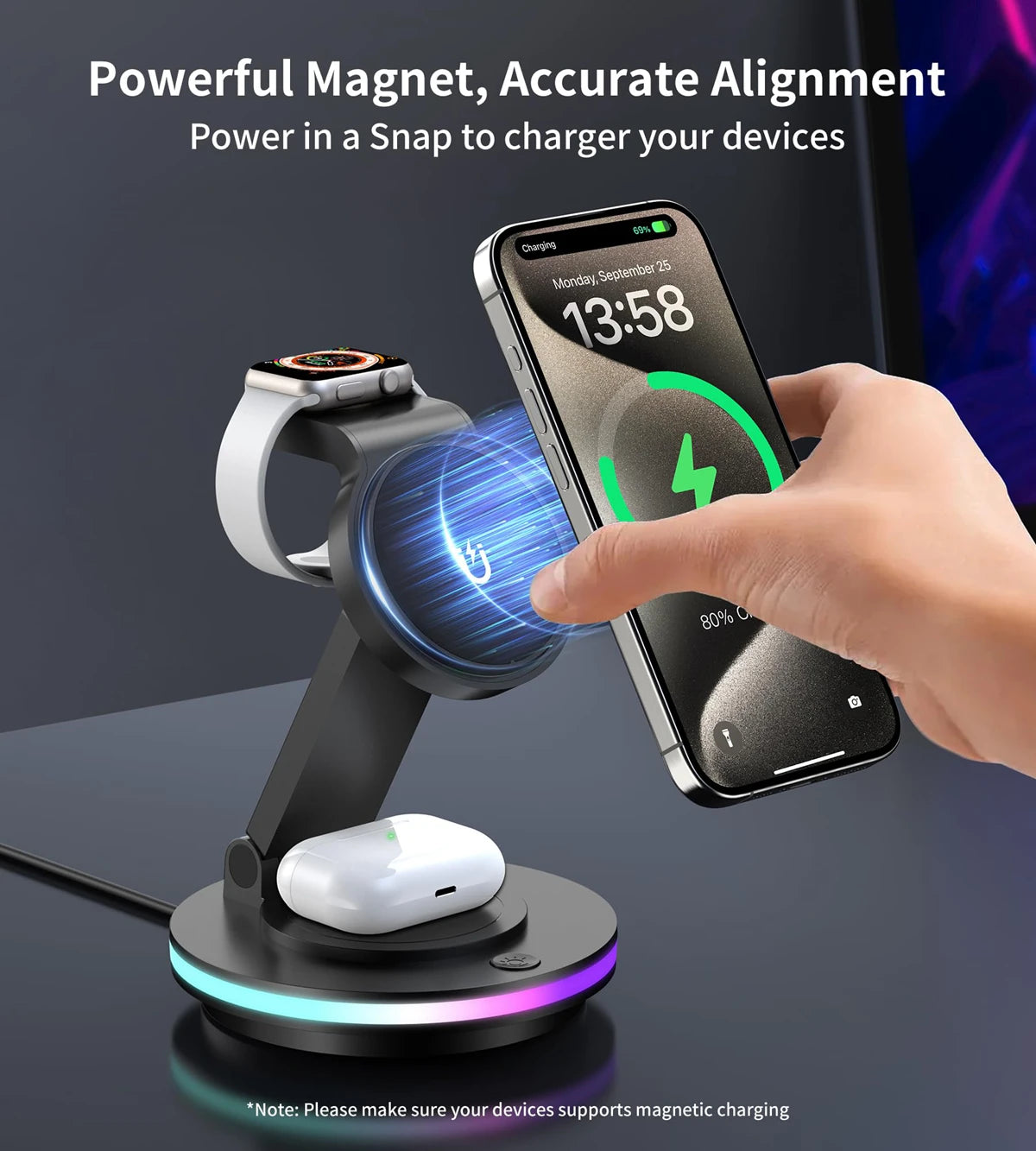 4 in 1 Wireless Charging Station For iPhone 16 15 14 13 12 For MagSafe Magnetic Charger Rotatable Holder Dock With Ambient Light