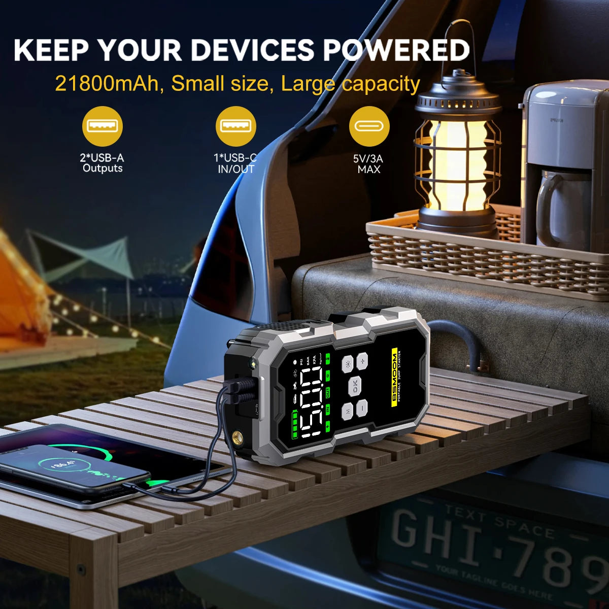 Portable Car Jump Starter with Air Compressor LCD Display 21800mAh Battery Pack