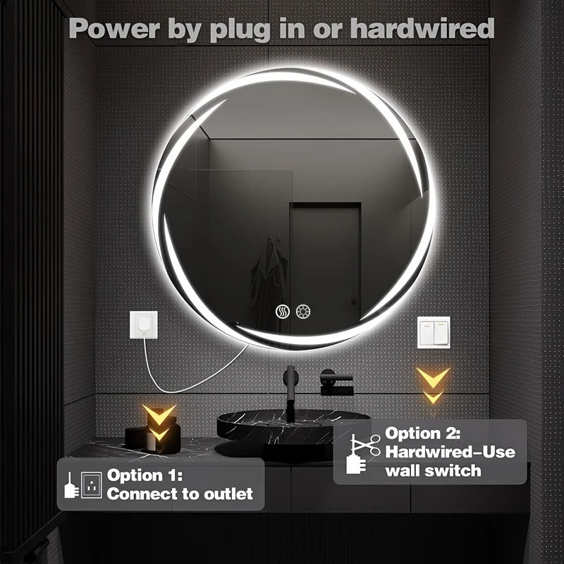 Circular LED Bathroom Mirror with Integrated Lighting | Anti-Fog Technology | Touch-Sensitive Dimmable | HD Makeup And Shaving Mirror | Wall-Mounted Vanity with Memory Function | US Standard Plug/Switch | 20" Diameter | Moder