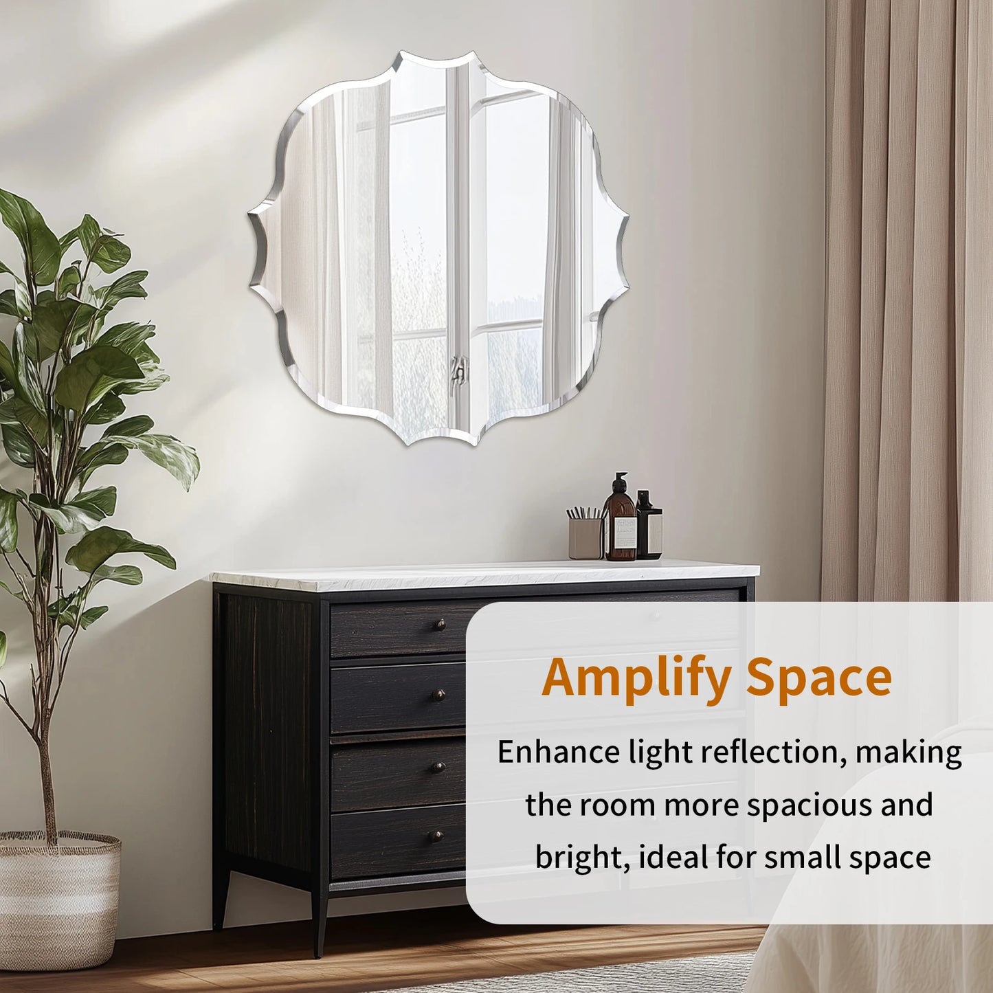 Wisfor Scalloped Edge Beveled Frameless Bathroom Wall Mirror for Living romm, Bedroom, Entrance