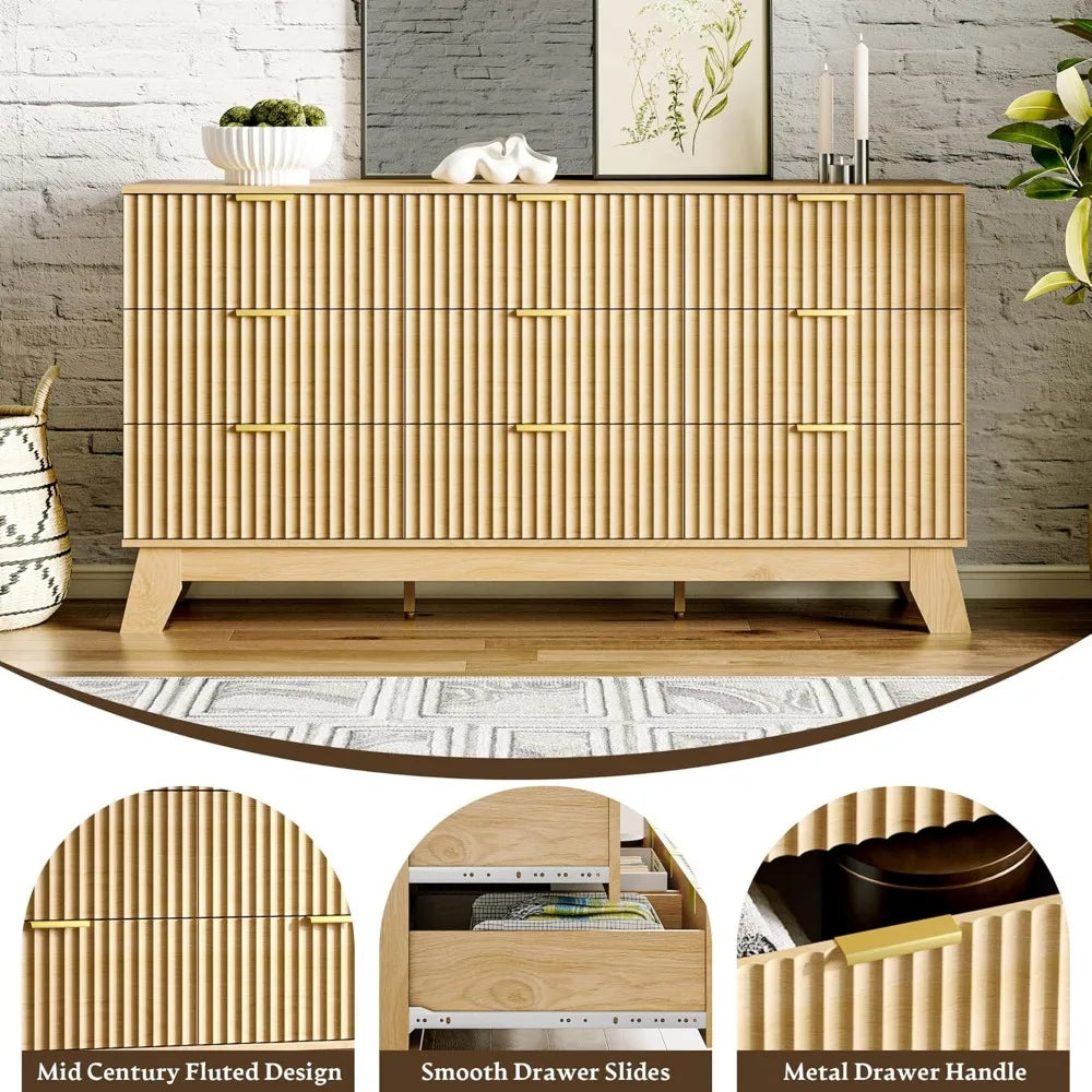Fluted Dresser for Bedroom with 9 Drawers, 57" Nature Wood Dressers Chest of Drawers, Mid Century Modern Dresser TV Stand, Boho