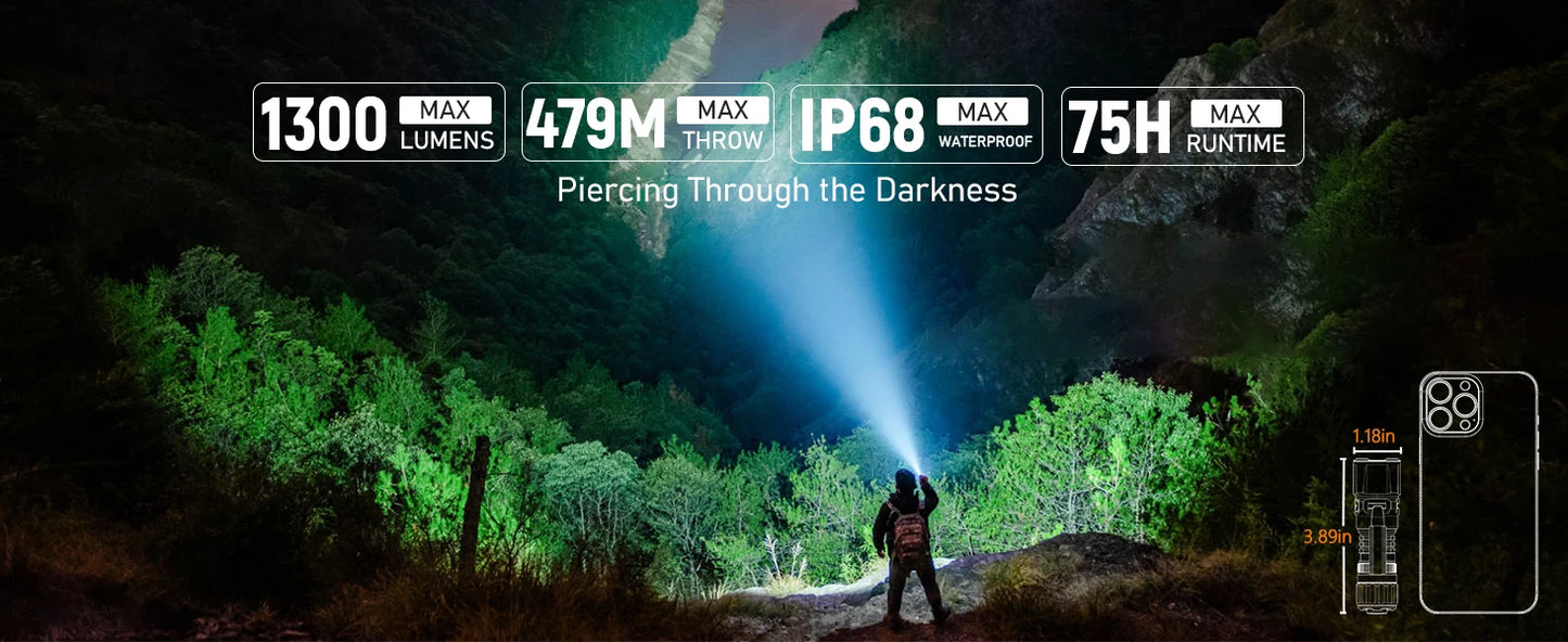Wurkkos TD07 Tactical Flashlight .1300 Lumens, 479M Long Range, IP68 Waterproof  Description: