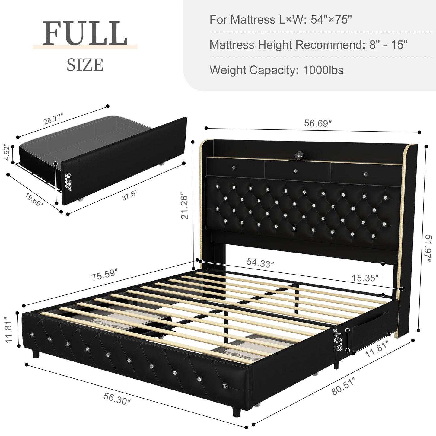 LED Bed Frame with Galaxy Star Projector, 2 Drawers, 52" PU Headboard with Charging Station, Noise Free, No Box Spring