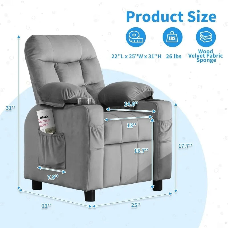 Toddlers Kids Recliner Chair Ergonomic Adjustable  Chair Footrest & Side Pockets Baby Sofa for Boys and Girls Bedroom (Gray)
