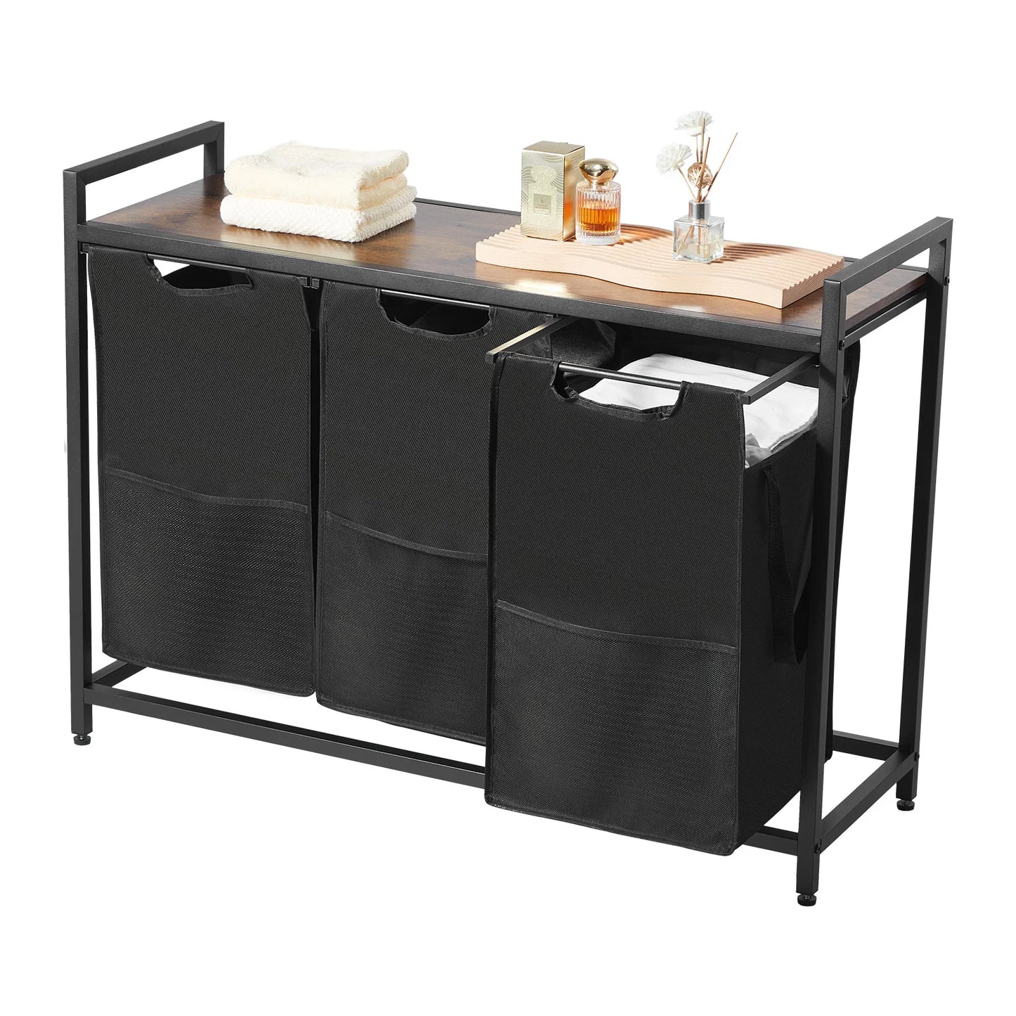 3-Section Laundry Sorter with Storage Shelf. Rolling Laundry Organizer