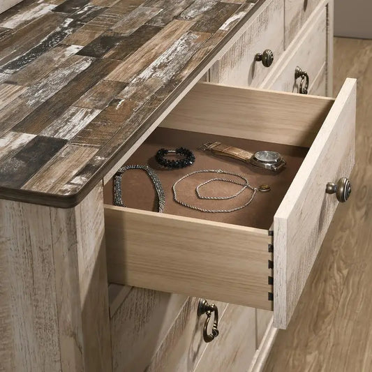 Contemporary White Wash Finish 5-Piece King Bedroom Set: Bed, Dresser, Mirror & 2 Nightstands