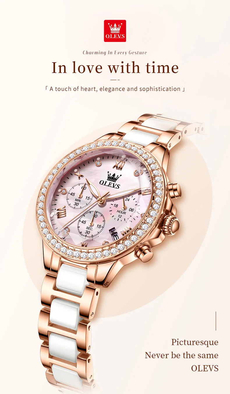 OLEVS Luxury Women’s Waterproof Chronograph Watch. Rose Gold Crystal Fashion Timepiece