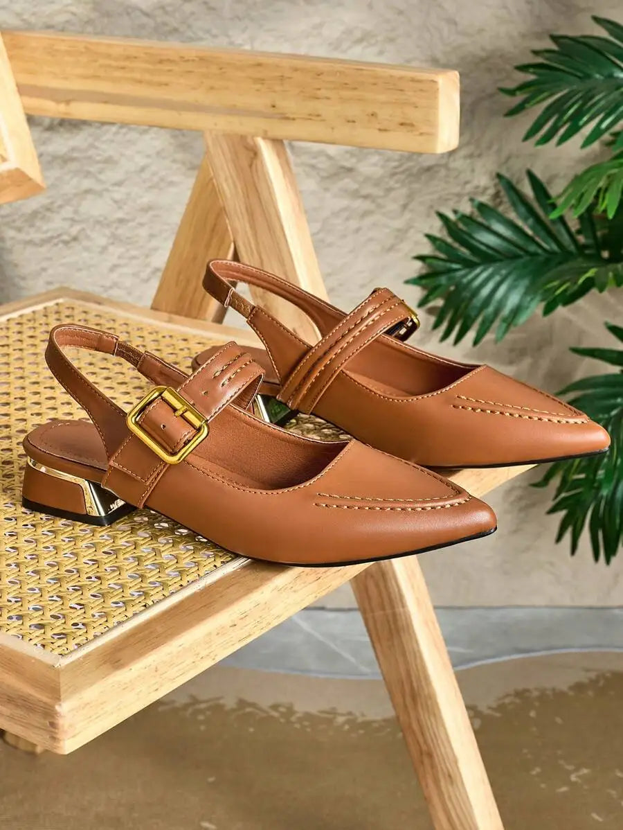 2025 Autumn Women's Pointed Toe Metal Heeled Stylish Slip-On Mule Shoes Backless Loafer Slip-On Flats