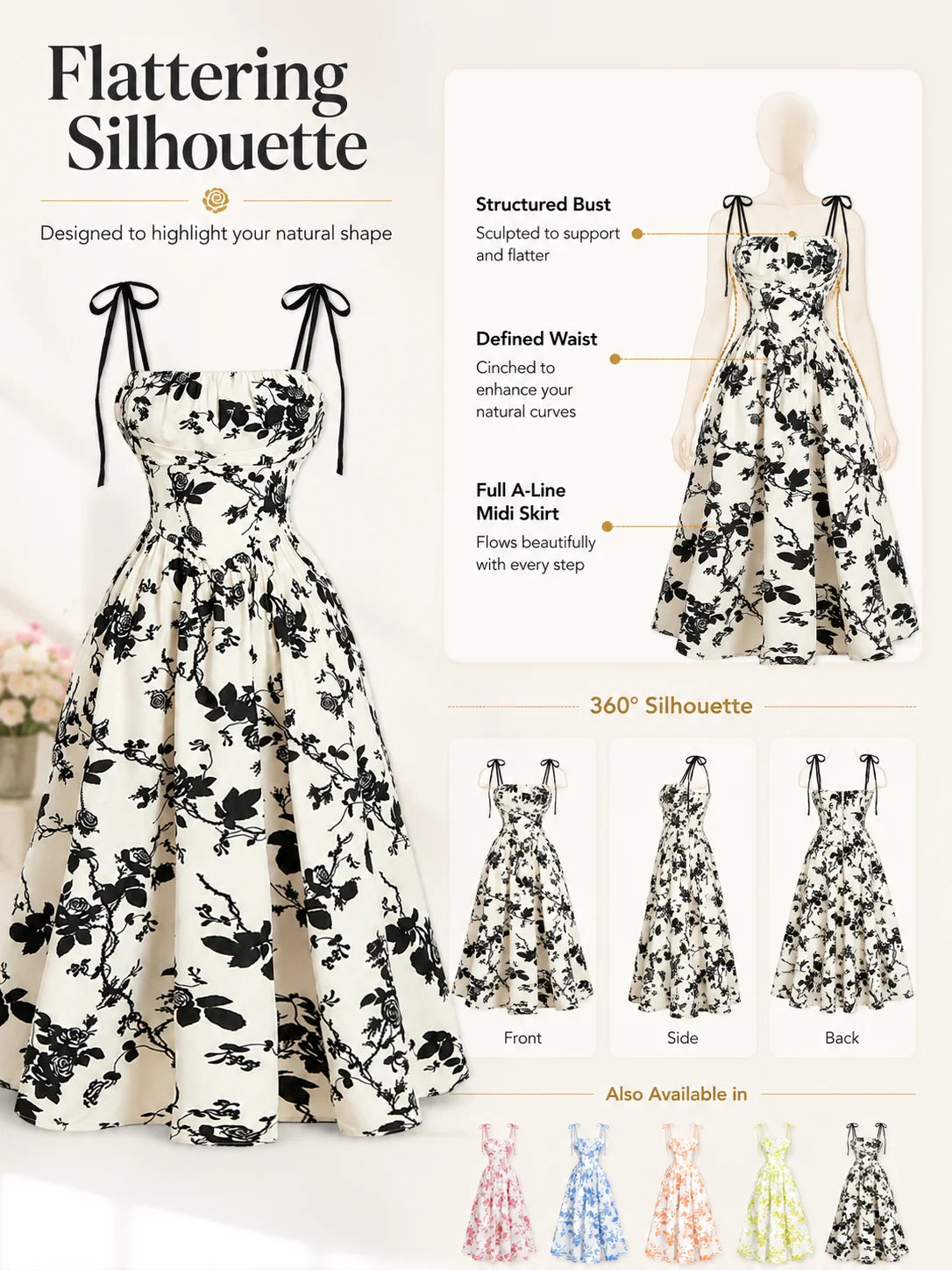 Women’s Floral Tie Shoulder Midi Dress | Square Neck Smocked Back A-Line Summer Sundress