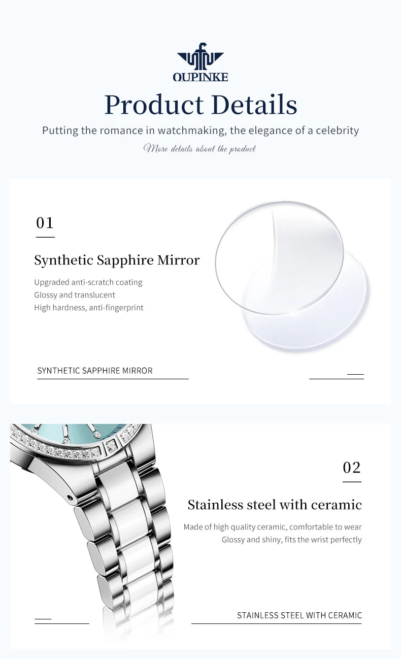 OUPINKE 3283 Luxury Woman Watch Japan Automatic Mechanical Wristwatches Elegant Ceramics Strap Waterproof Ladies Dress Watches